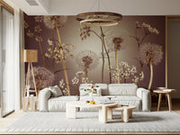 Pastel meadow flowers on a textured wall mural for a cozy reading nook wallpaper.