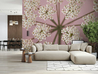 Nature inspired wall mural with intricate petals for a vanity area wallpaper.