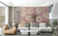 Wildflower Whispers Wall Mural in a minimalist living room with beige sofa wallpaper.