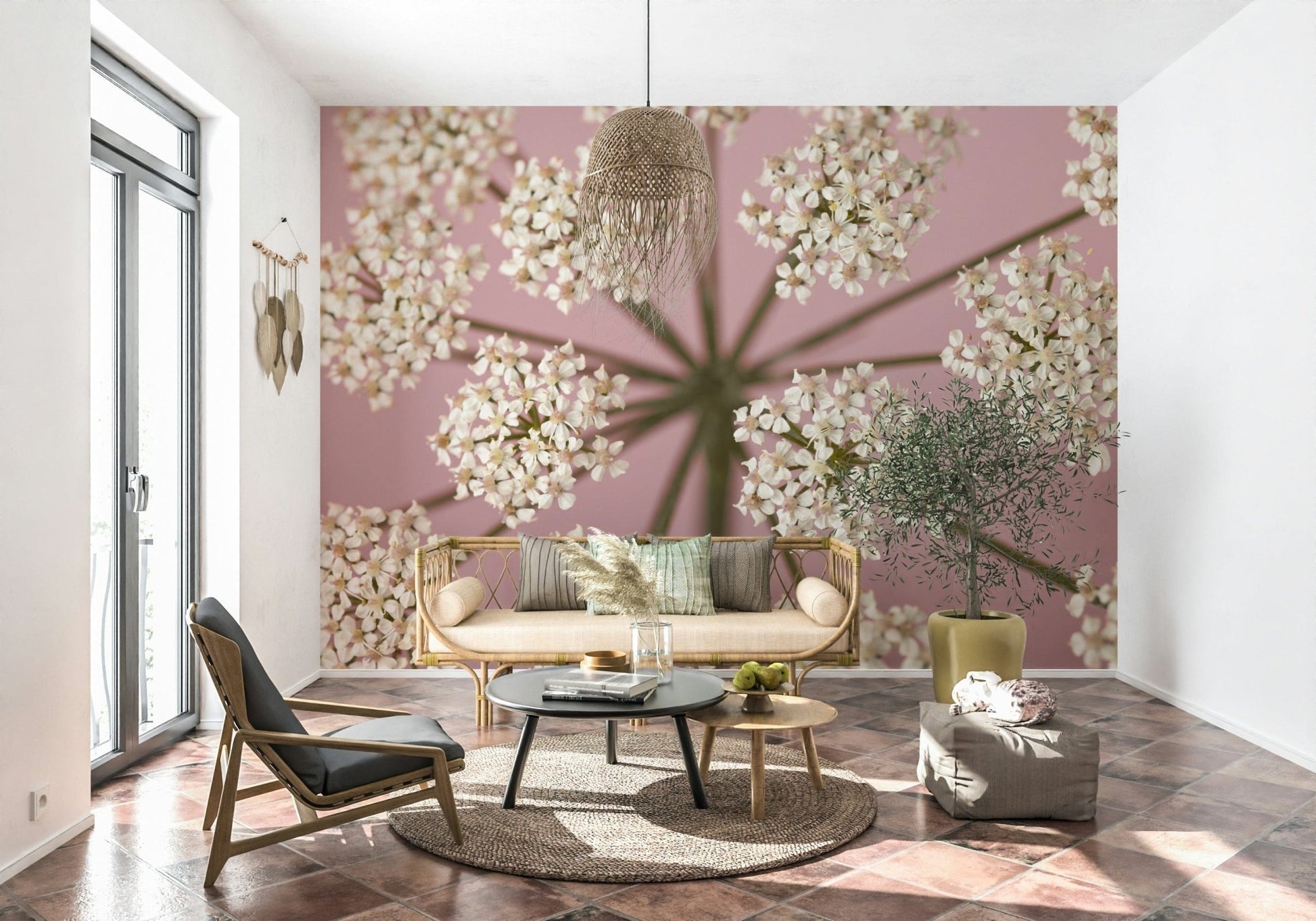 Wildflower Whispers Wall Mural in a bright dining space with natural light wallpaper.