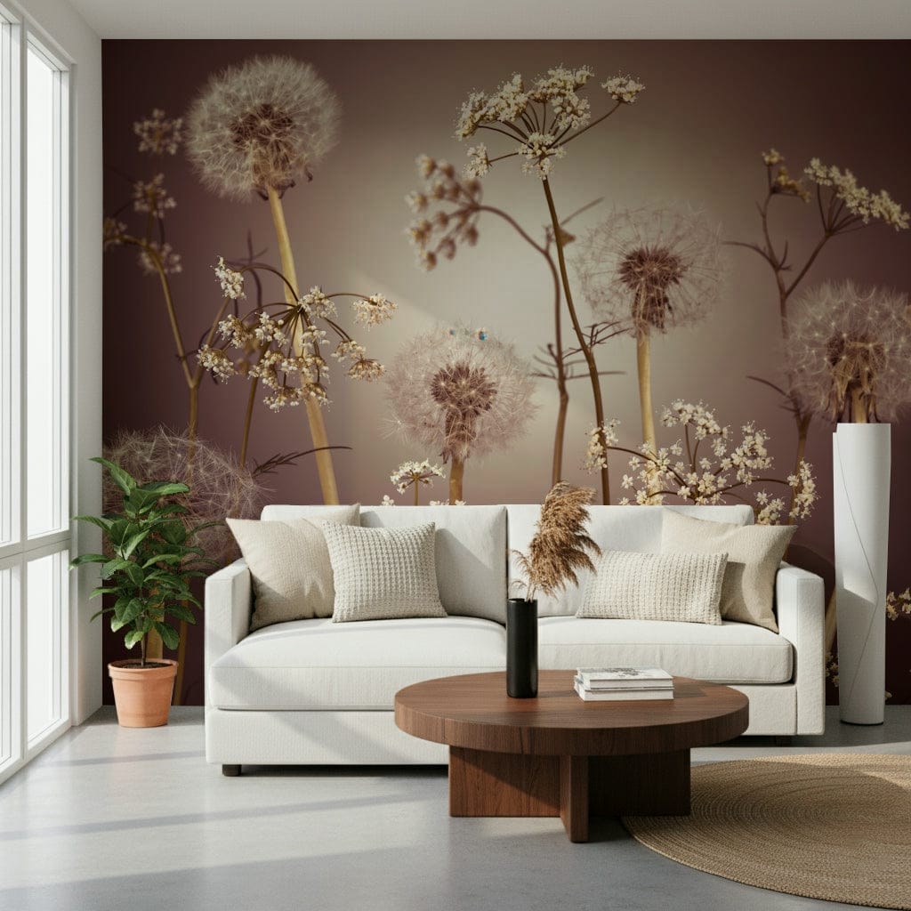 Modern office space featuring a sage green botanical wall mural wallpaper.