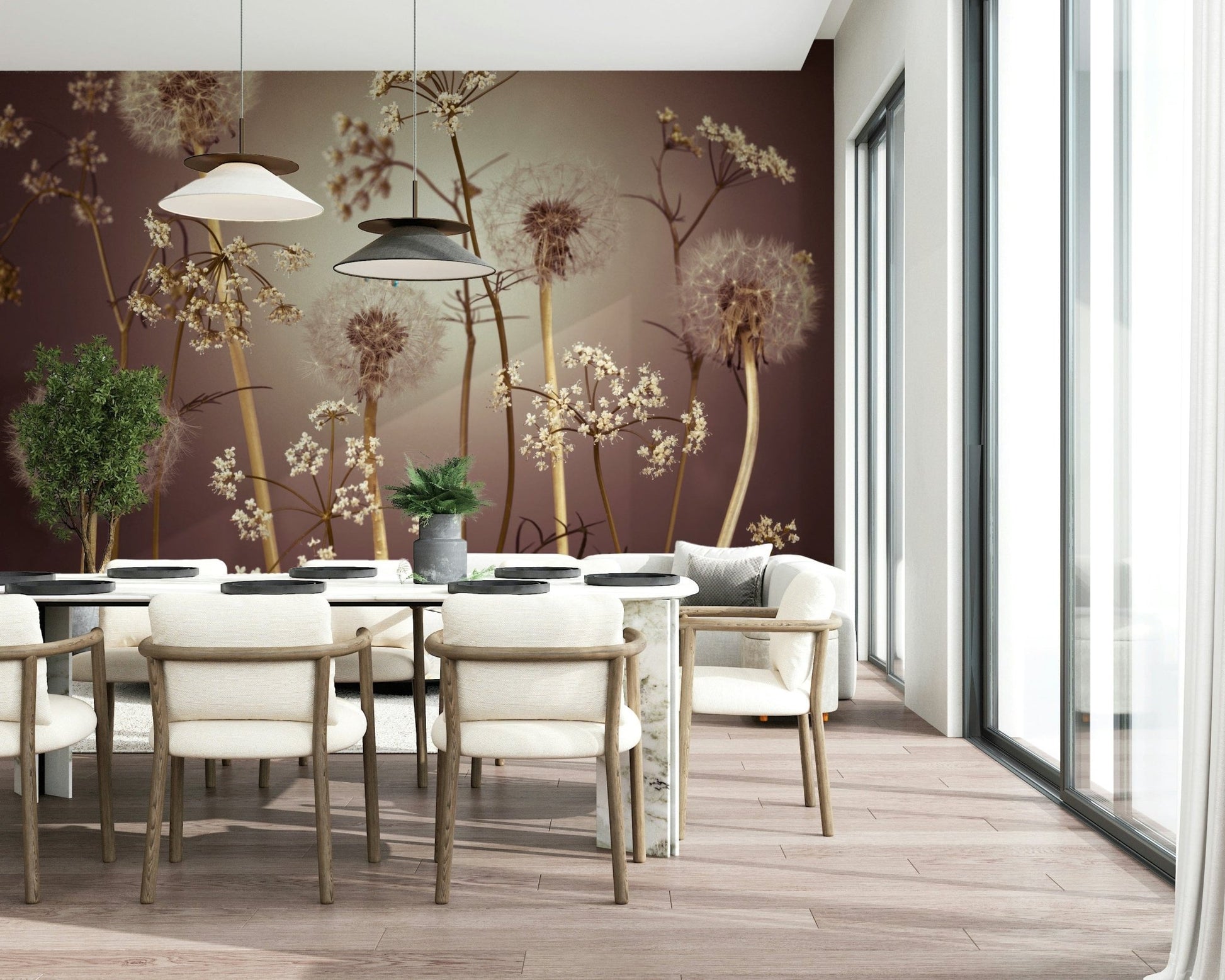 Detailed floral wallpaper with tall grasses for a contemporary hallway wall mural.
