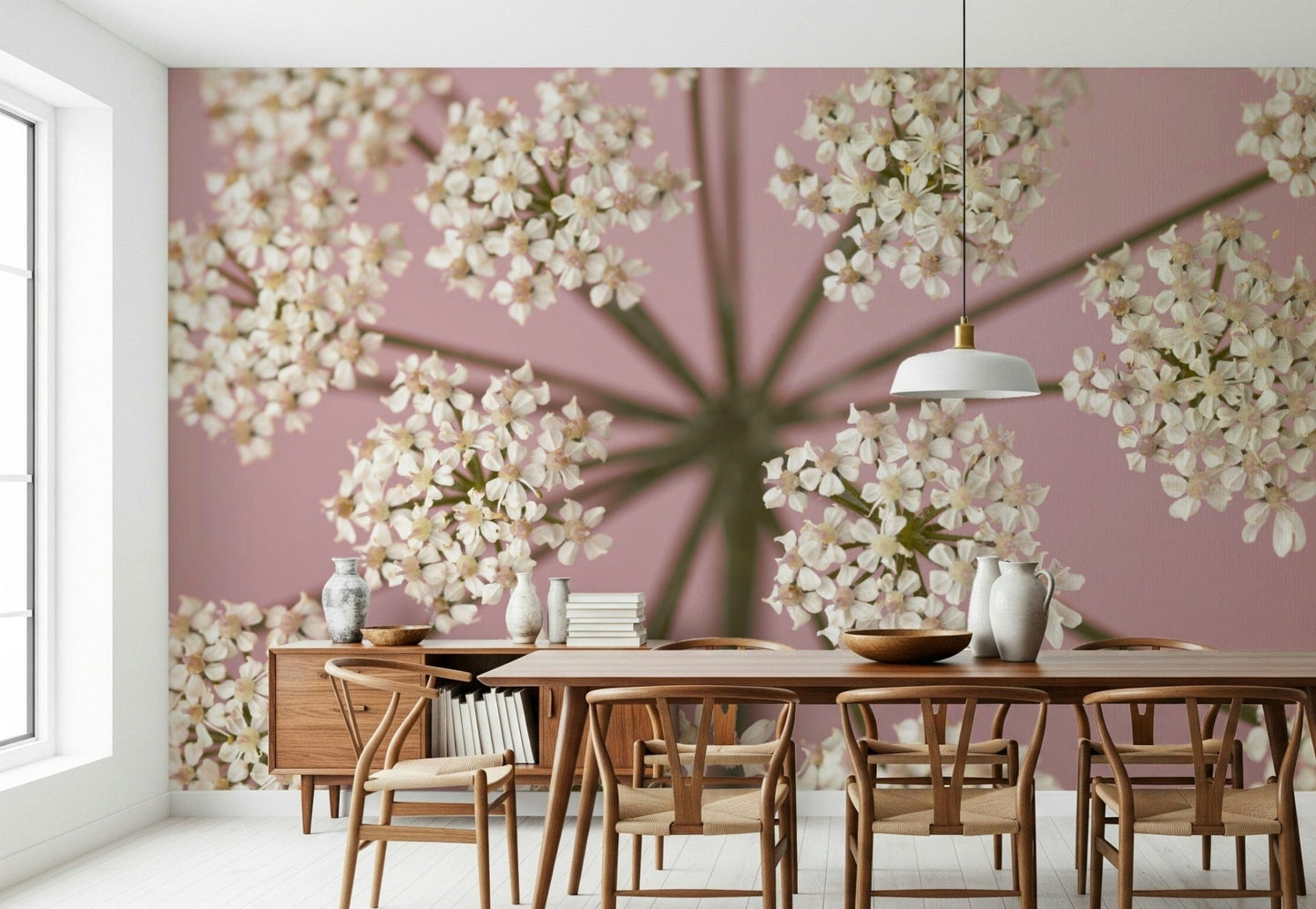Wildflower Whispers Wall Mural in a nursery with light wooden furniture wallpaper.