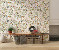 Nursery wall mural, Wildflower Whispers, soft artistic floral pattern.