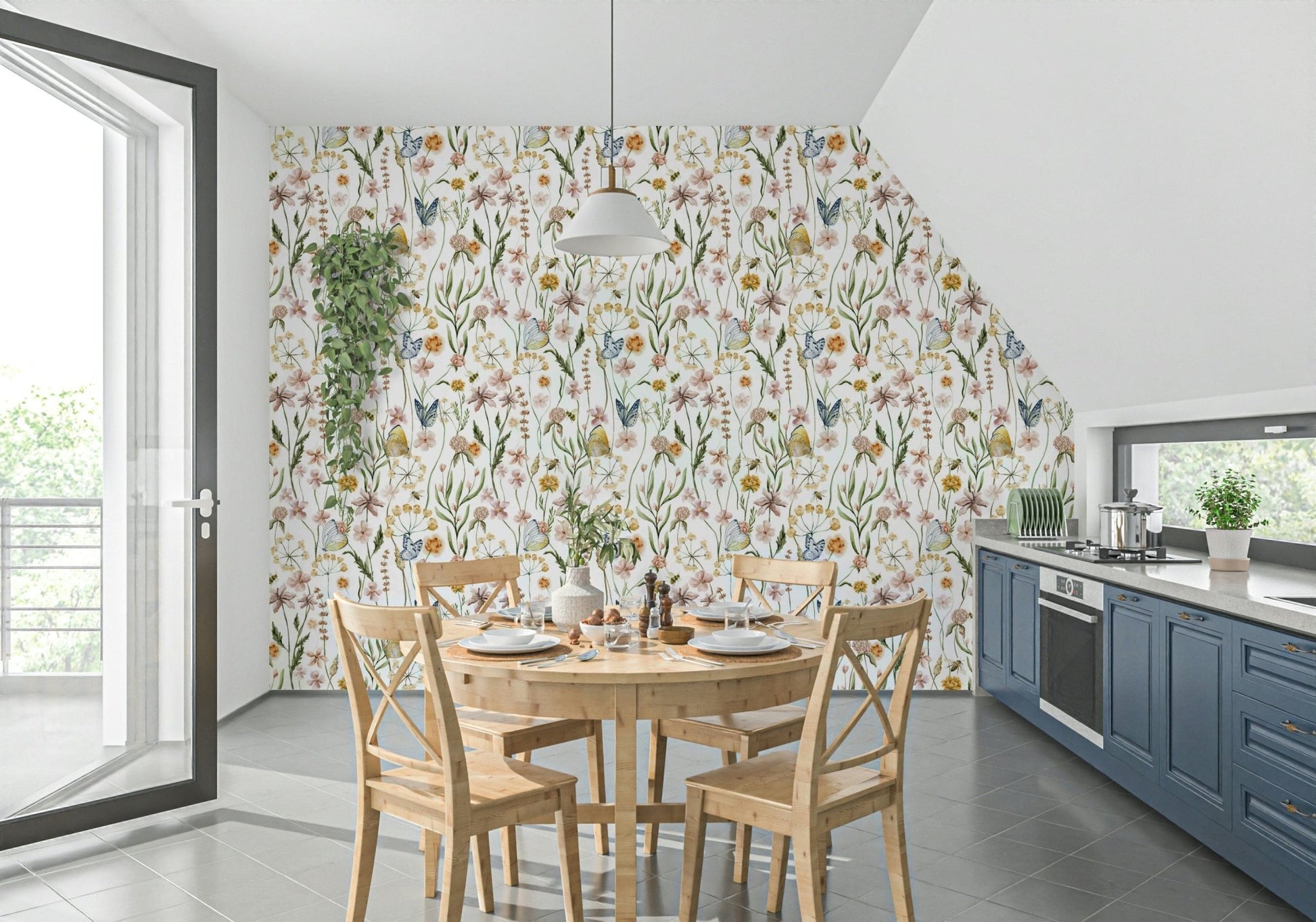 Wall mural Wildflower Whispers, blush pink florals, gentle nature scene.