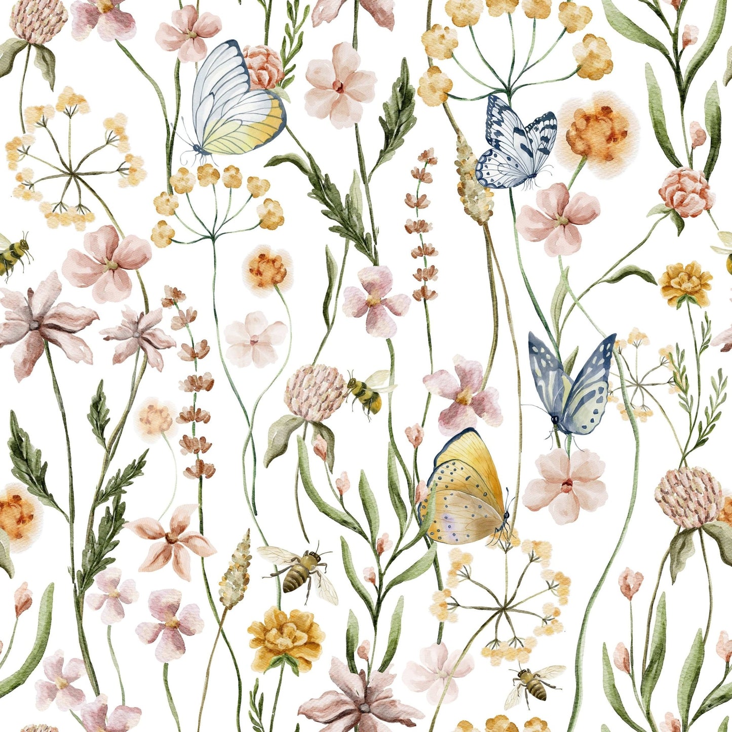 Wildflower Whispers, charming botanical pattern, bees and yellow wallpaper.