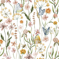 Wildflower Whispers, charming botanical pattern, bees and yellow wallpaper.