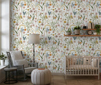 Floral patterned wall covering, Wildflower Whispers, inviting rustic charm.