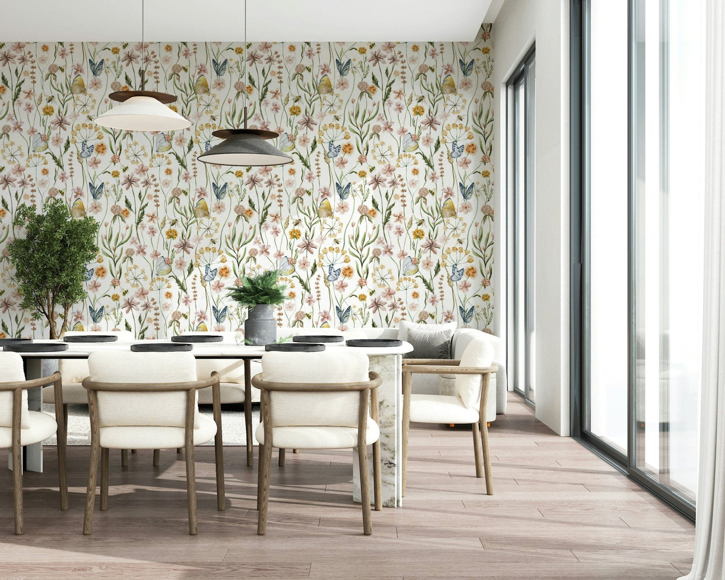 Wildflower Whispers wallpaper for walls, serene meadow butterflies.