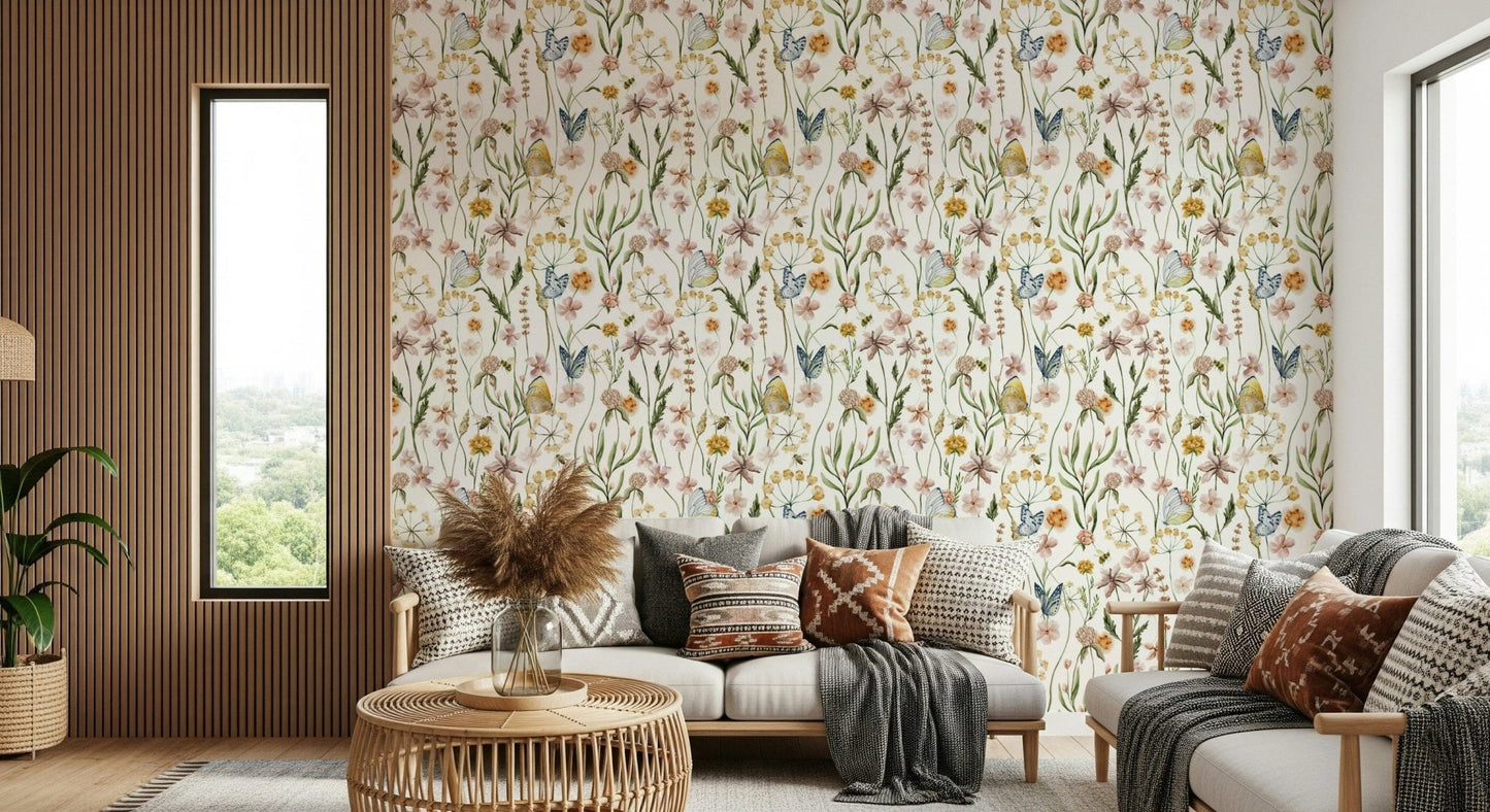 Bedroom wallpaper, Wildflower Whispers, soothing watercolor illustration.