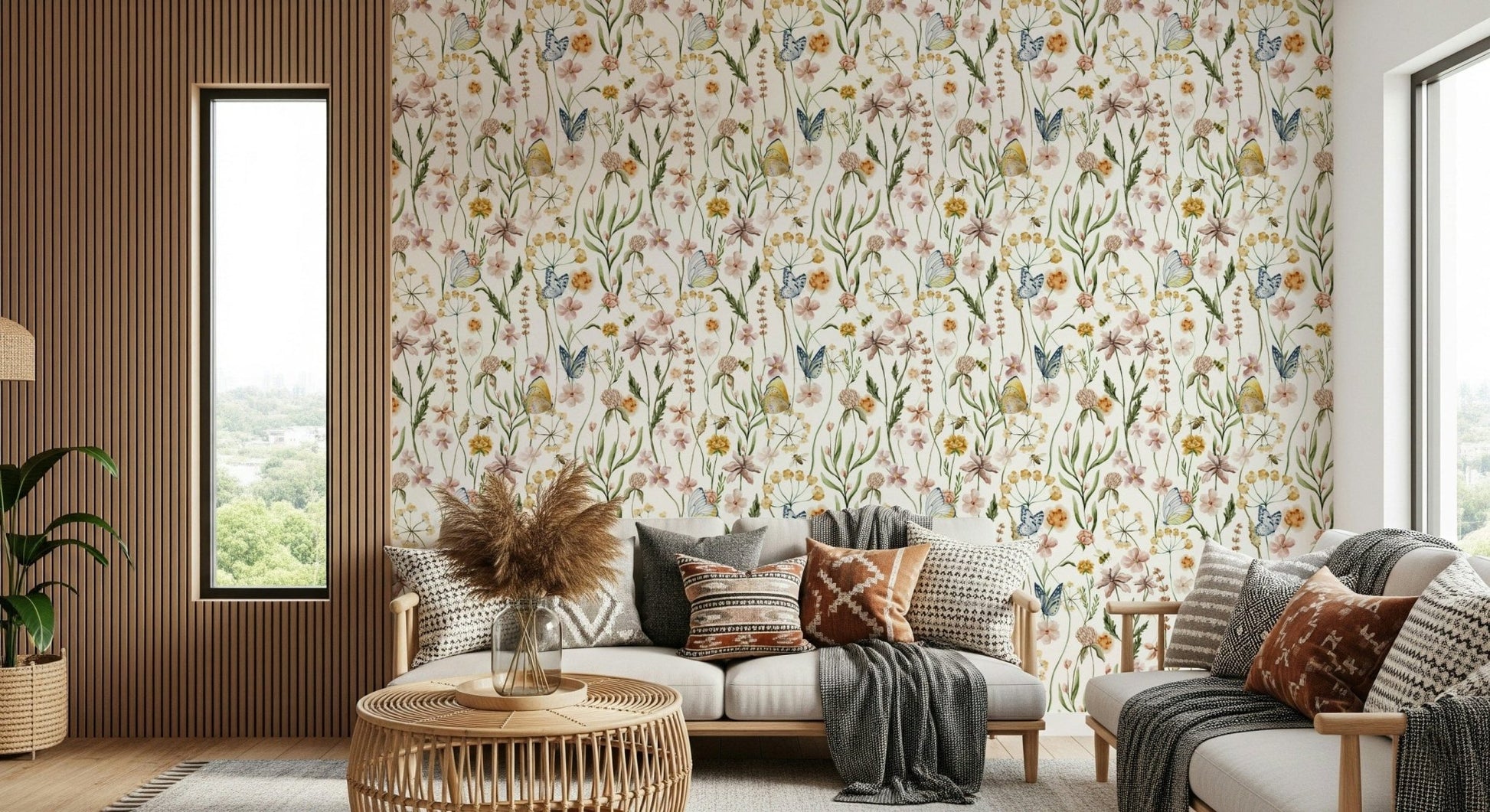 Bedroom wallpaper, Wildflower Whispers, soothing watercolor illustration.