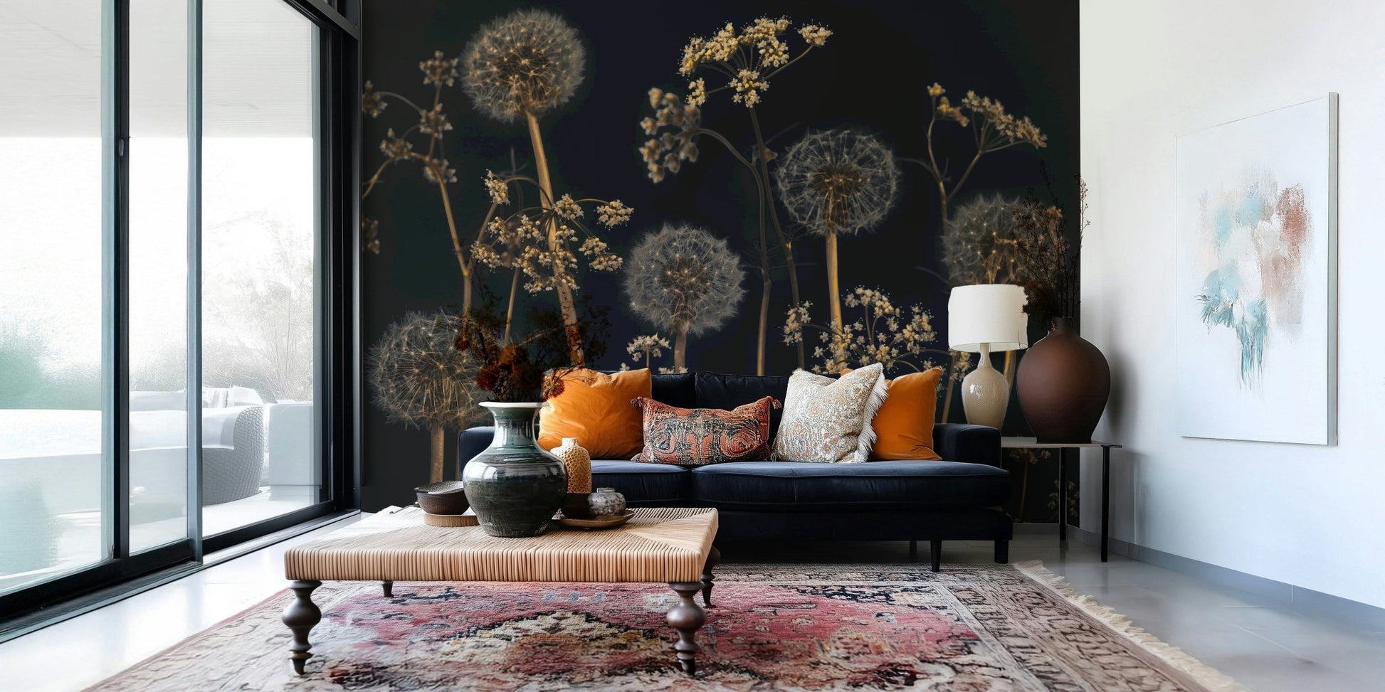 Dreamy Wildflower Wonderland design with dark background and light flowers wall mural.