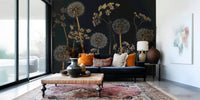 Dreamy Wildflower Wonderland design with dark background and light flowers wall mural.