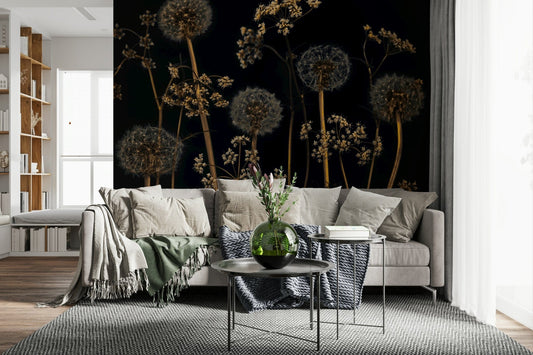 Romantic wildflower wall covering, dandelion clocks design.