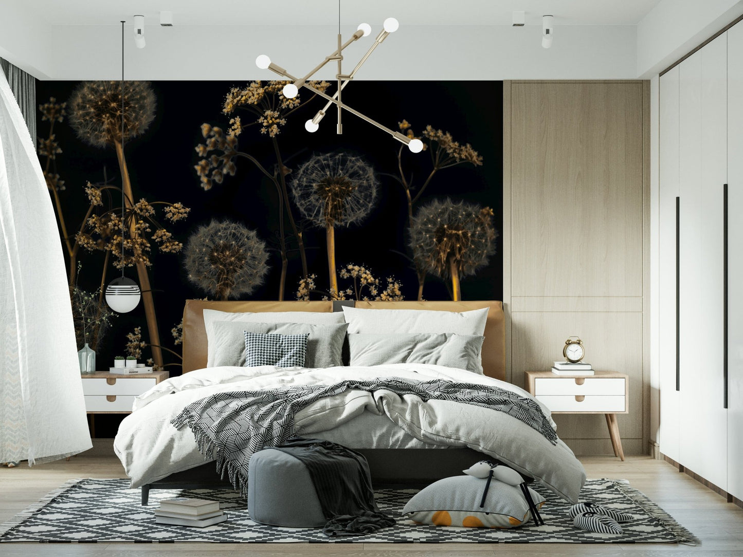 Elegant dandelion wallpaper with gold accents on black backdrop.