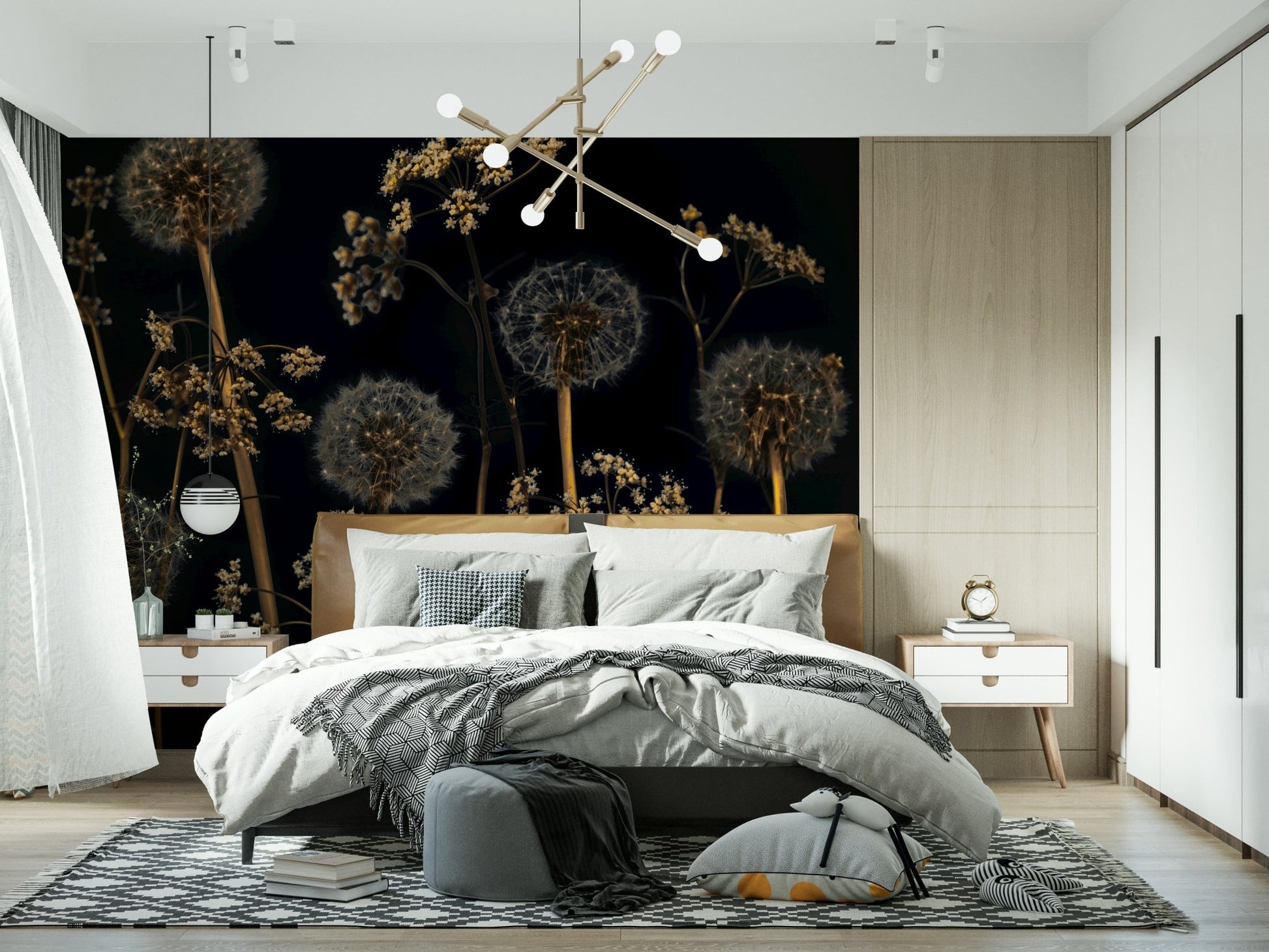 Elegant dandelion wallpaper with gold accents on black backdrop.