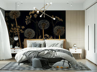 Elegant dandelion wallpaper with gold accents on black backdrop.