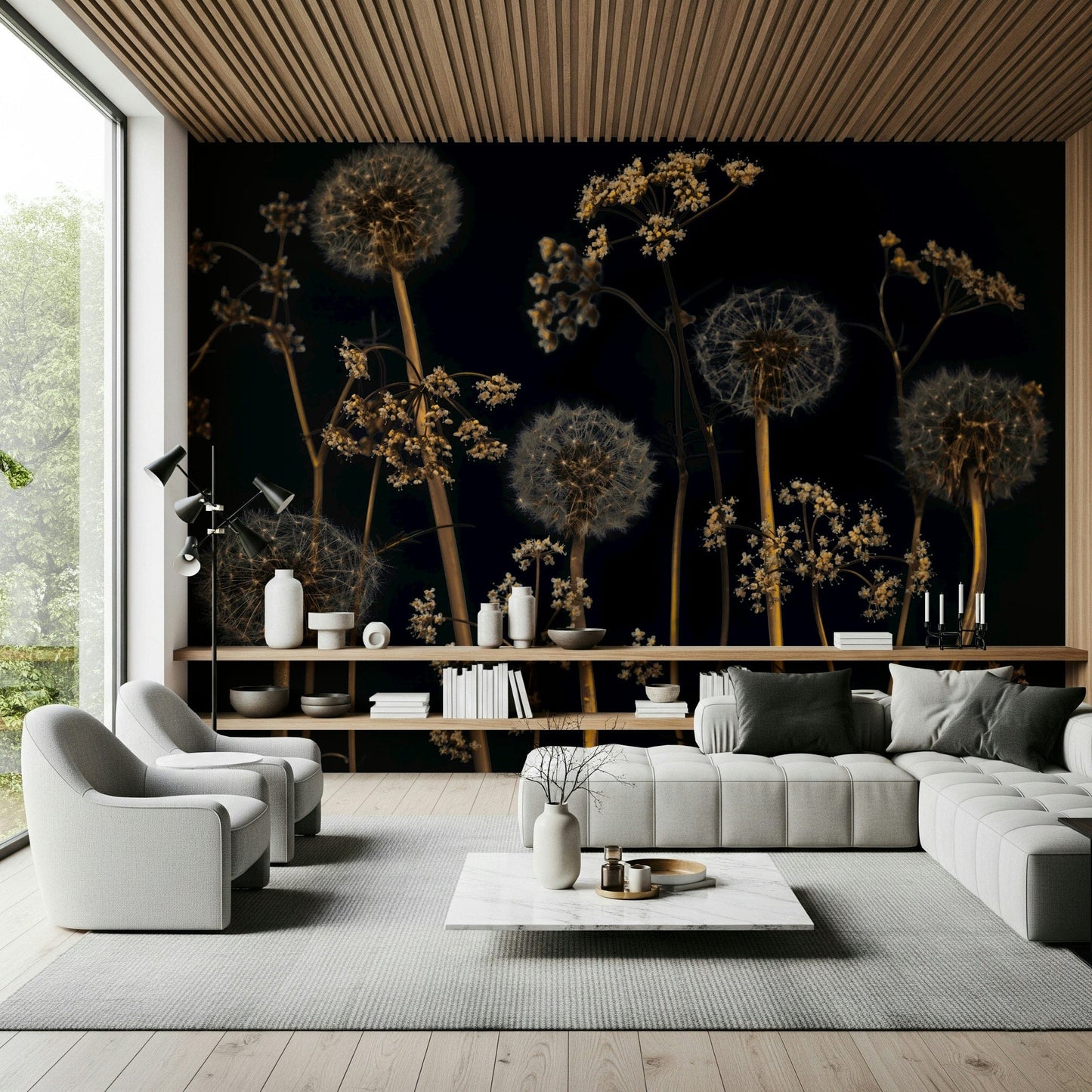 Vintage-style botanical mural featuring dandelions and umbels.