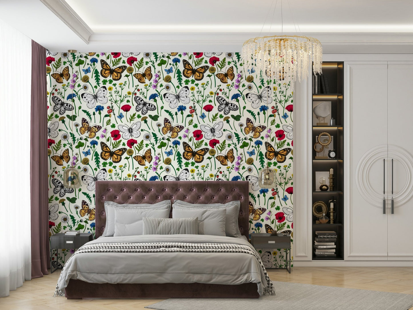 Butterfly-filled wildflower wallpaper design.

