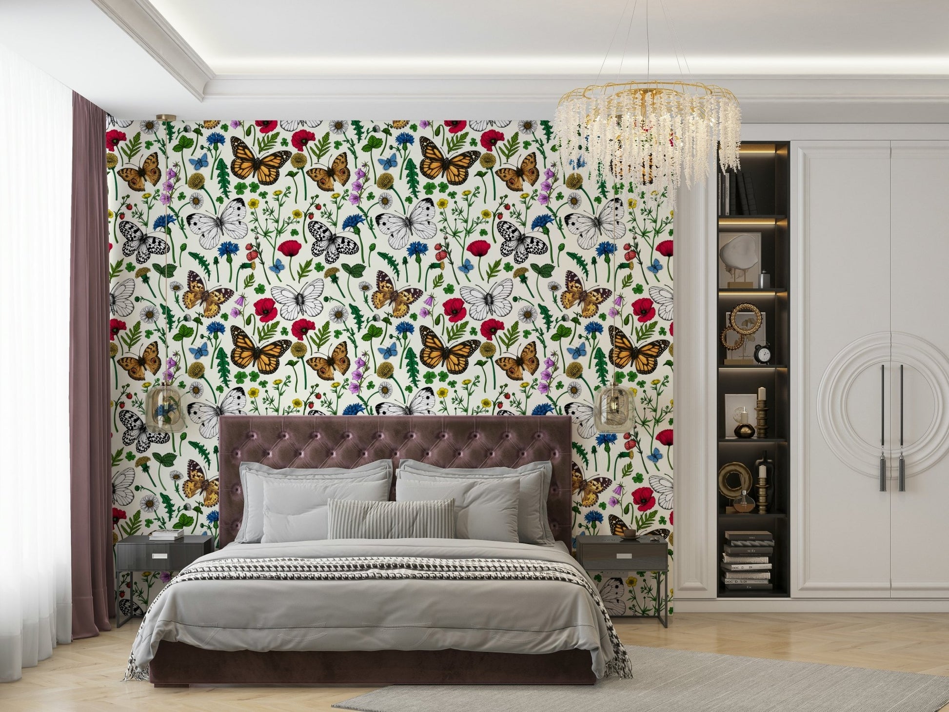 Butterfly-filled wildflower wallpaper design.

