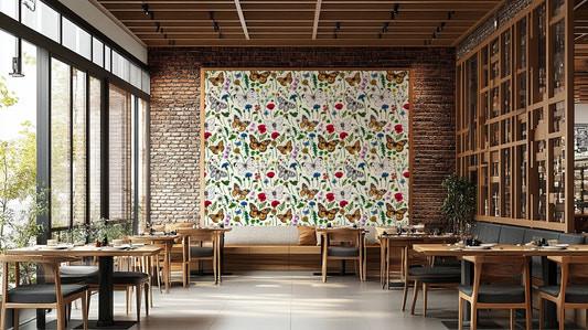 Wildflowers and colorful butterflies on walls.

