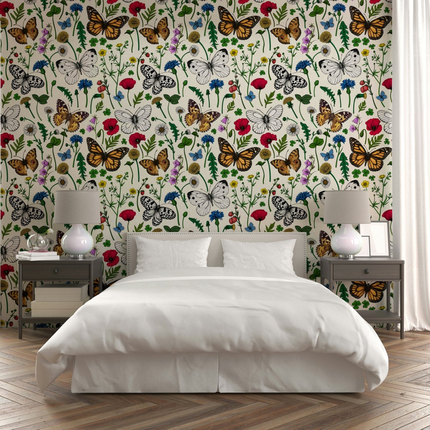 Wildflower wallpaper featuring delicate butterflies.

