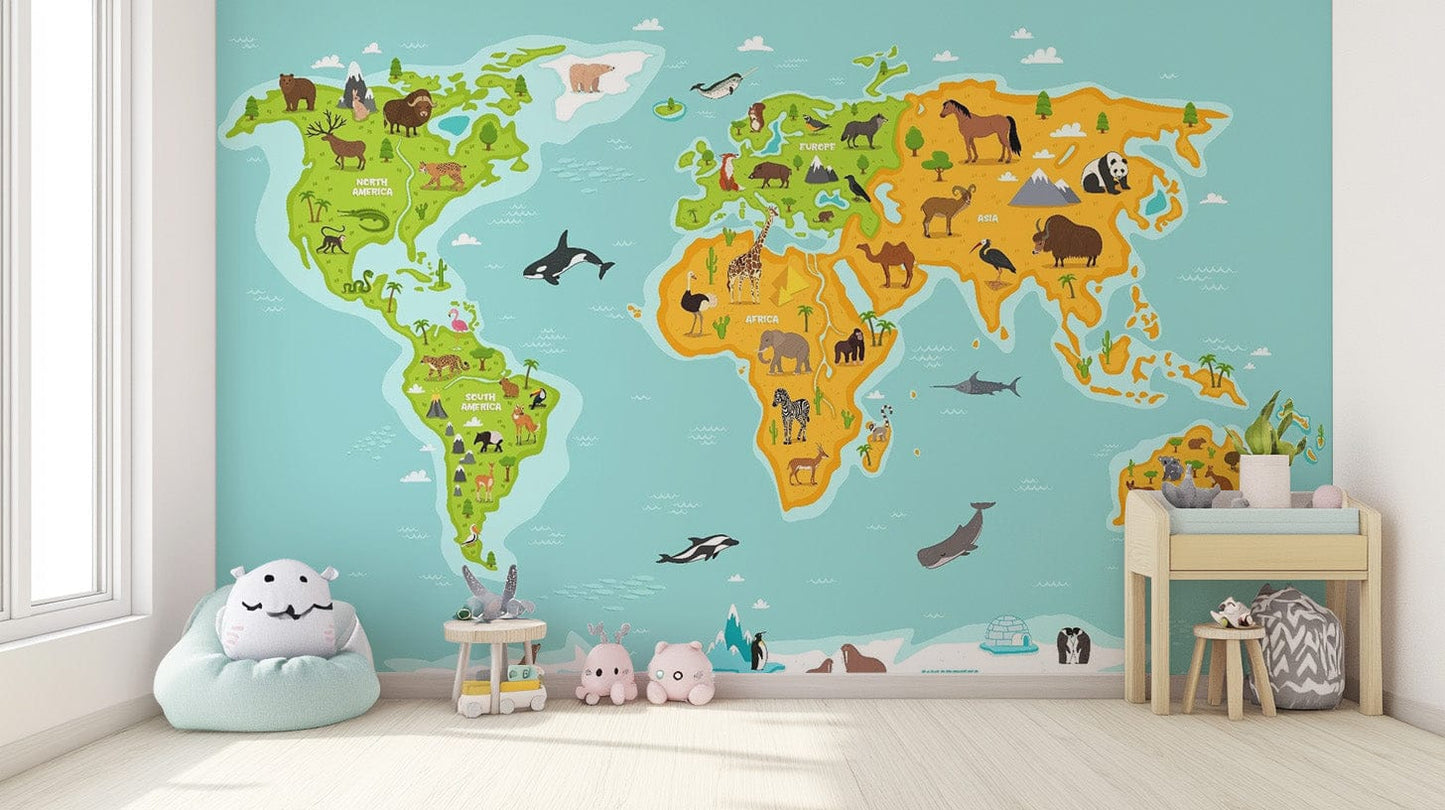 Wildlife-Themed World Map Wall Mural map-02
 