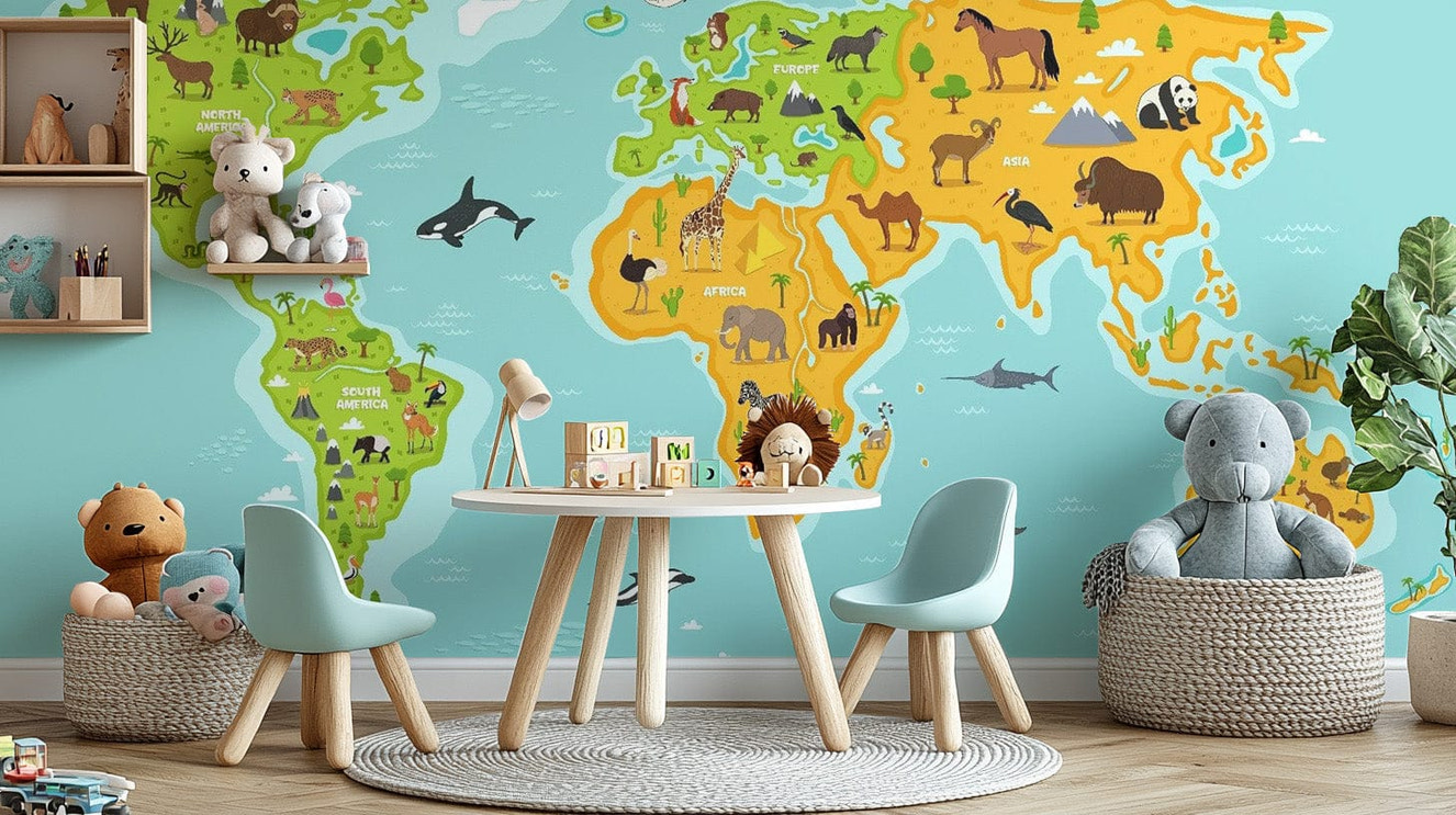 Wildlife Animals World Map Wallpaper Mural
