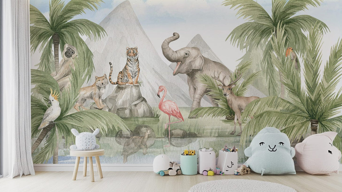 Majestic wildlife in a lush forest wallpaper mural, B844