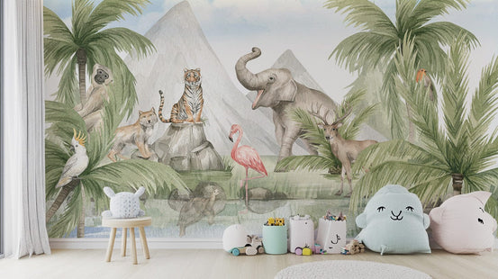 Majestic wildlife in a lush forest wallpaper mural, B844