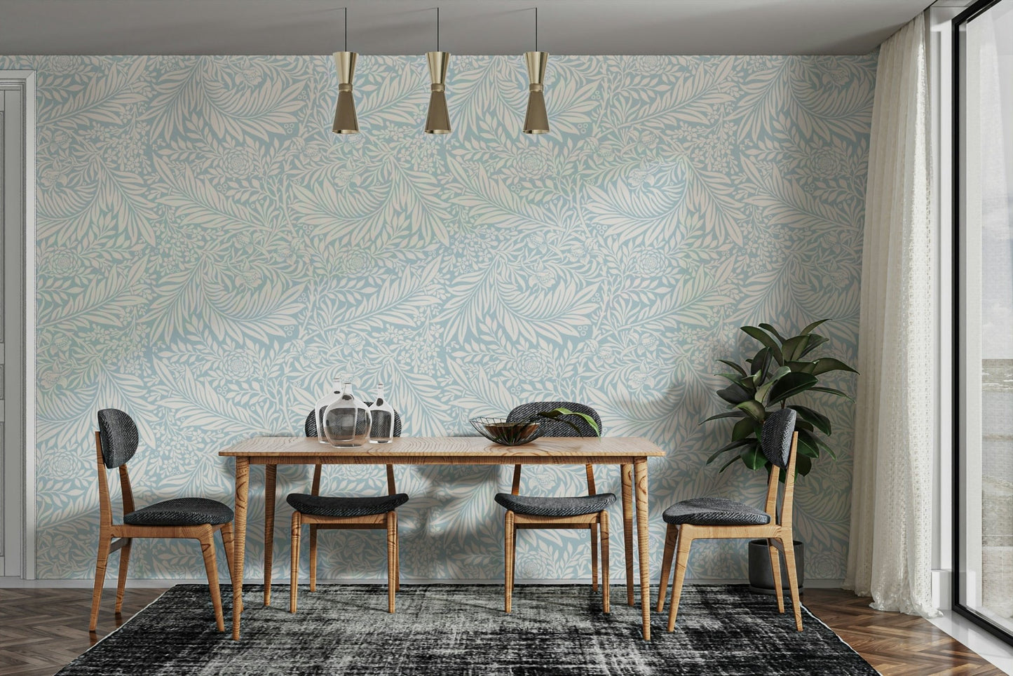 The image shows a repeating design with larkspur flowers and leaves.

