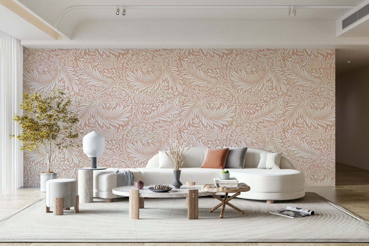 The image shows a repeating design with larkspur flowers and leaves.

