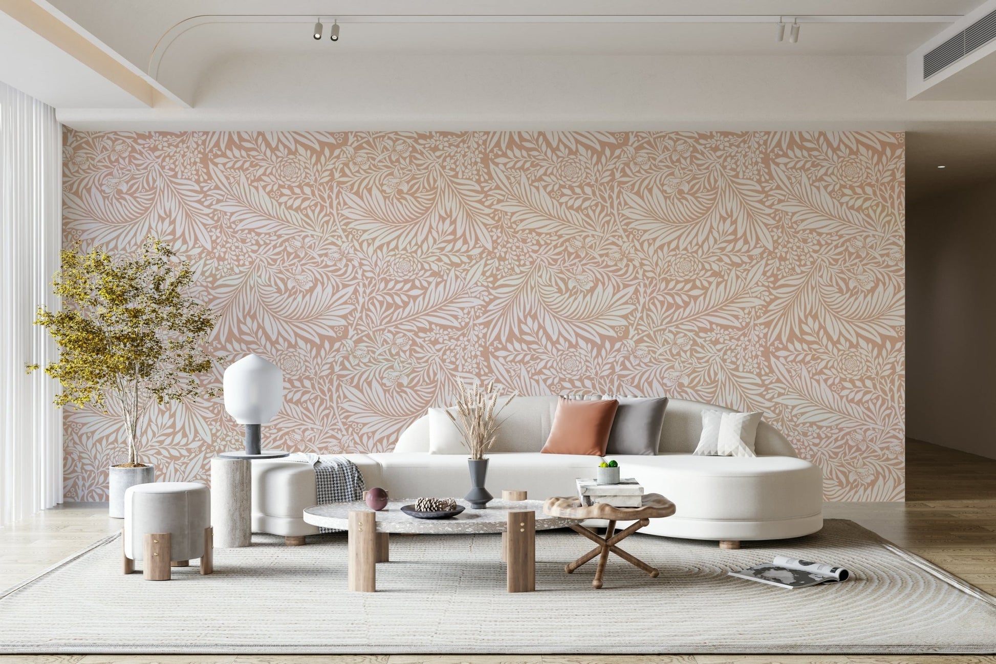 The image shows a repeating design with larkspur flowers and leaves.

