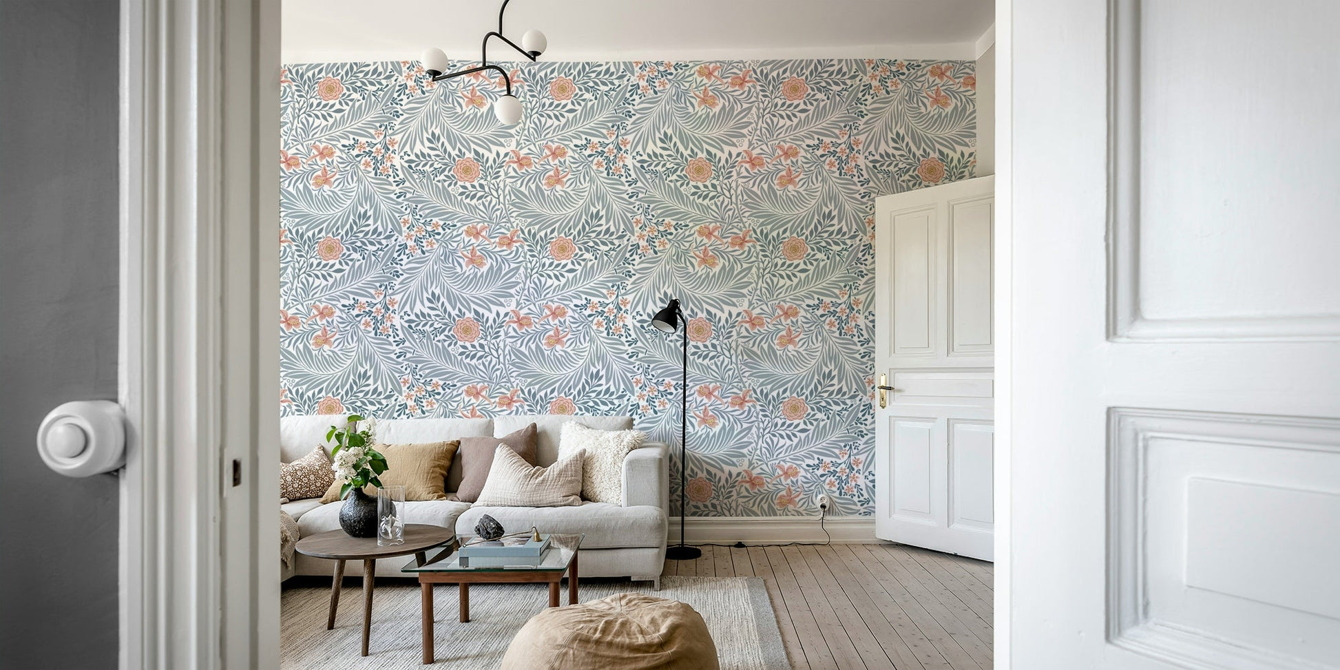 The colors are a soft, elegant blue and white.

