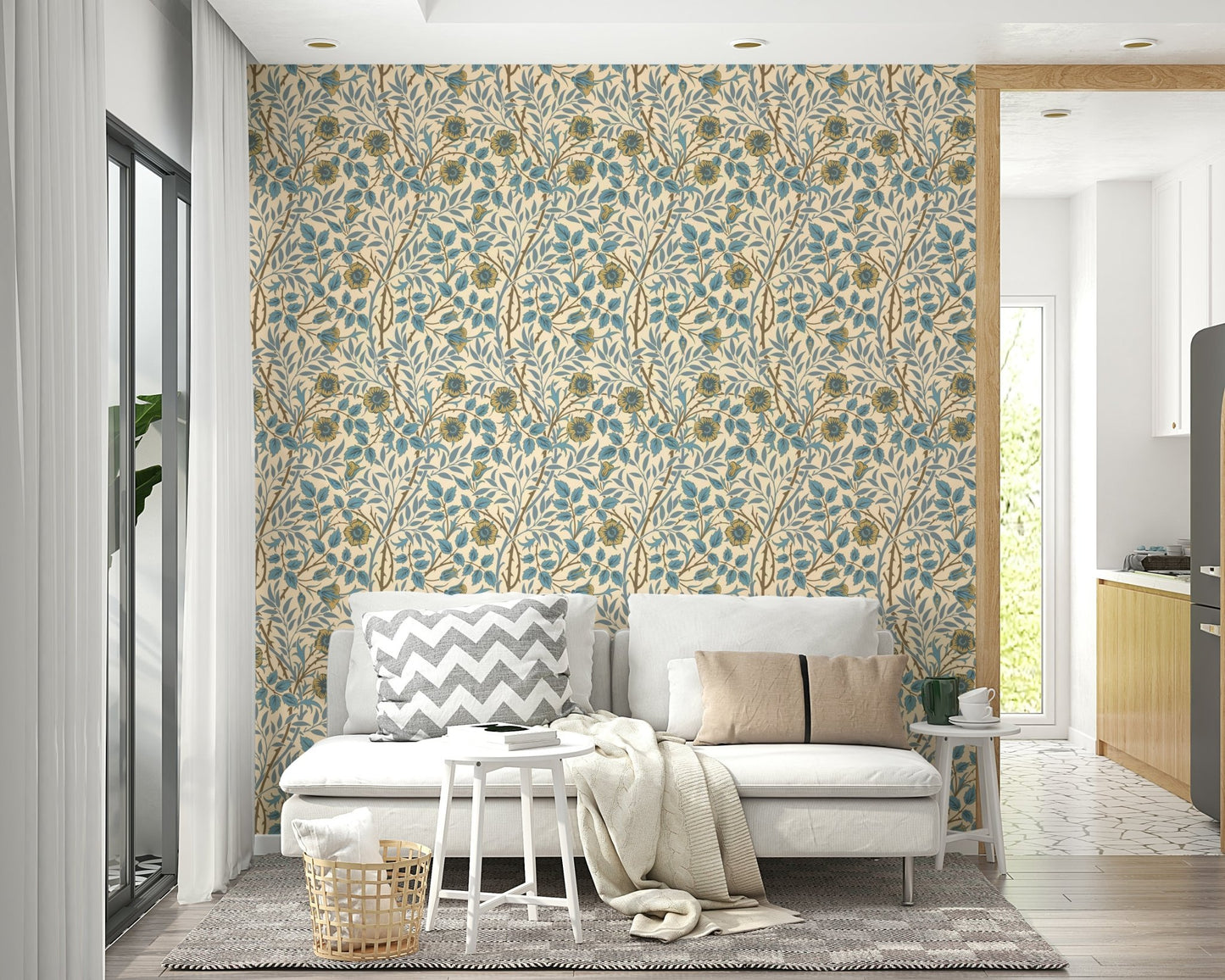 The mural extends across the entire wall, creating a clean backdrop.

