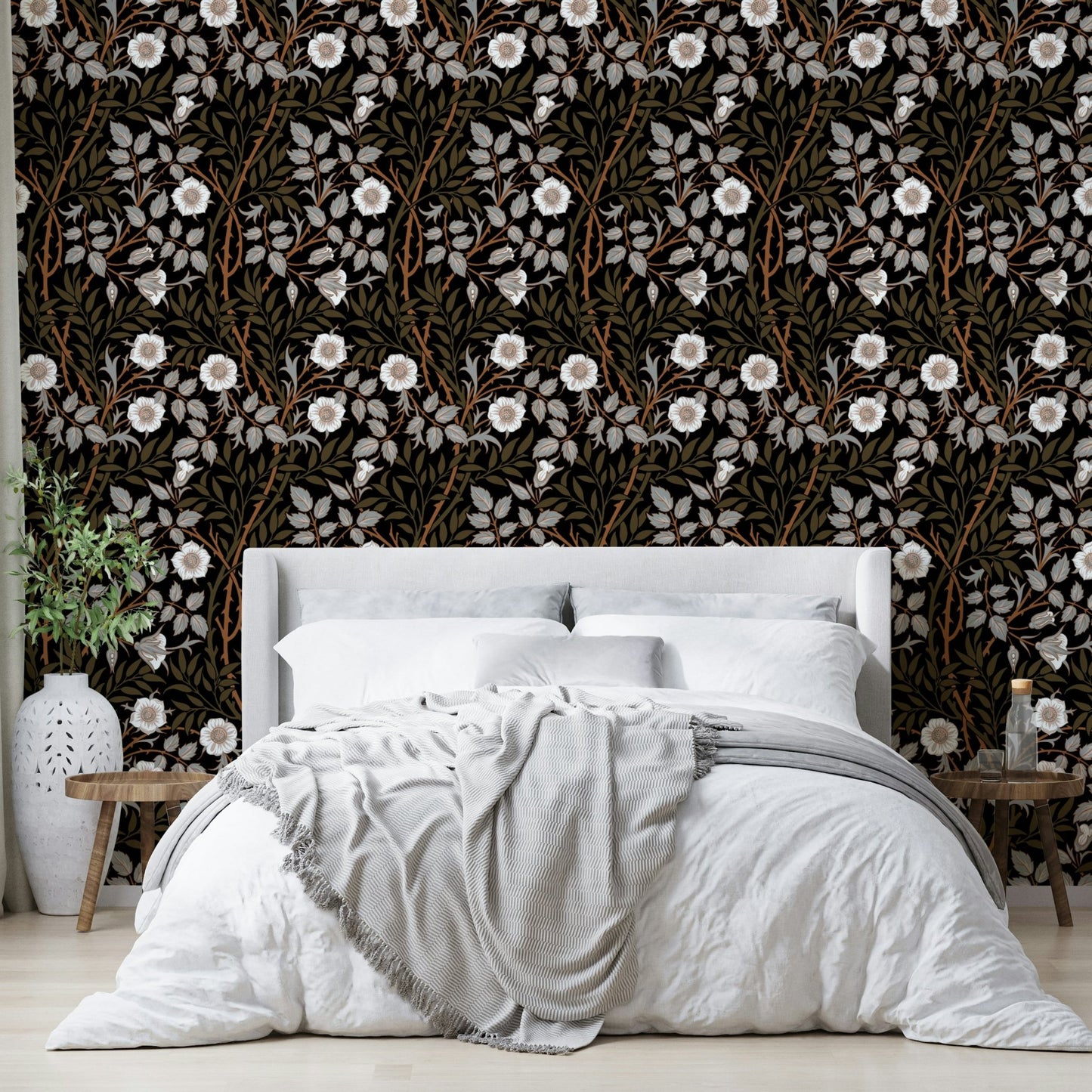 The wallpaper is installed in a formal, elegant living room.

