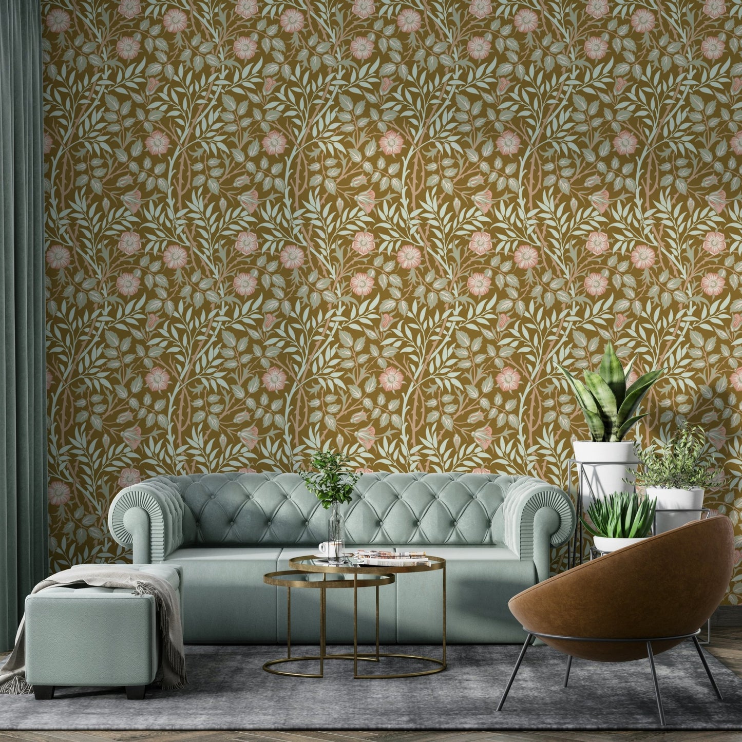 The wallpaper is installed in a formal, elegant living room.

