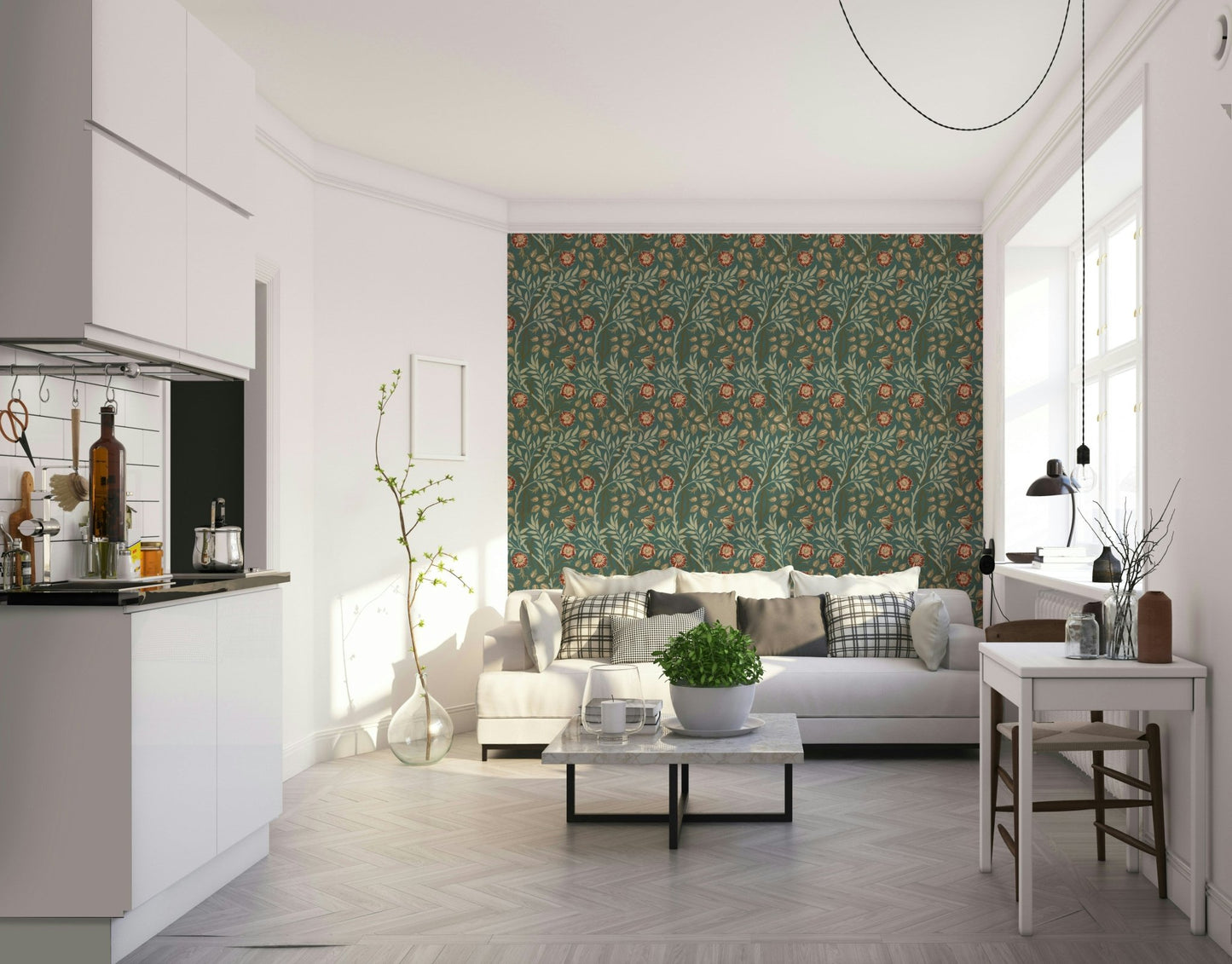 The wallpaper is installed in a formal, elegant living room.

