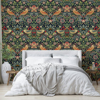 The image shows a repeating design with birds and strawberry plants.

