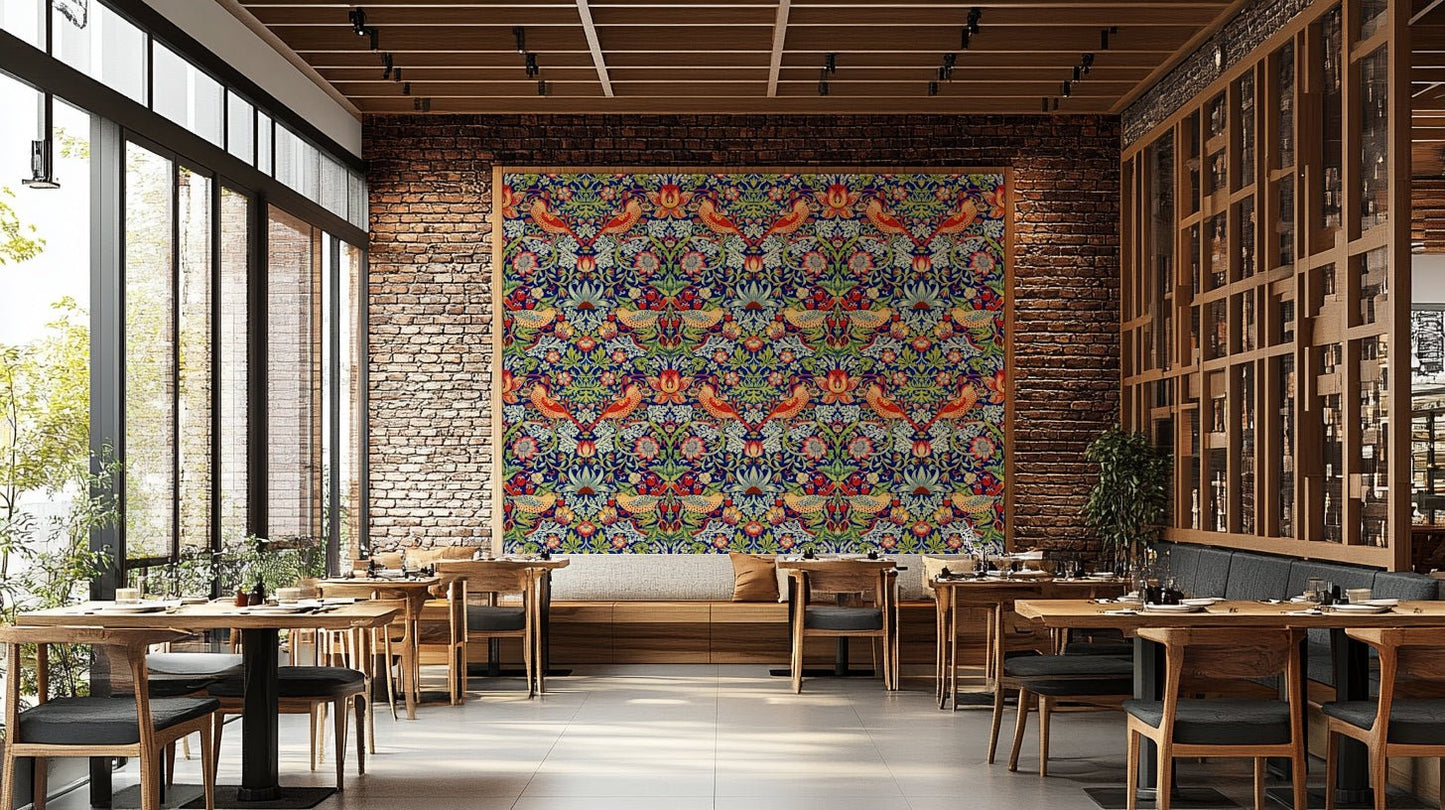 The image shows a repeating design with birds and strawberry plants.

