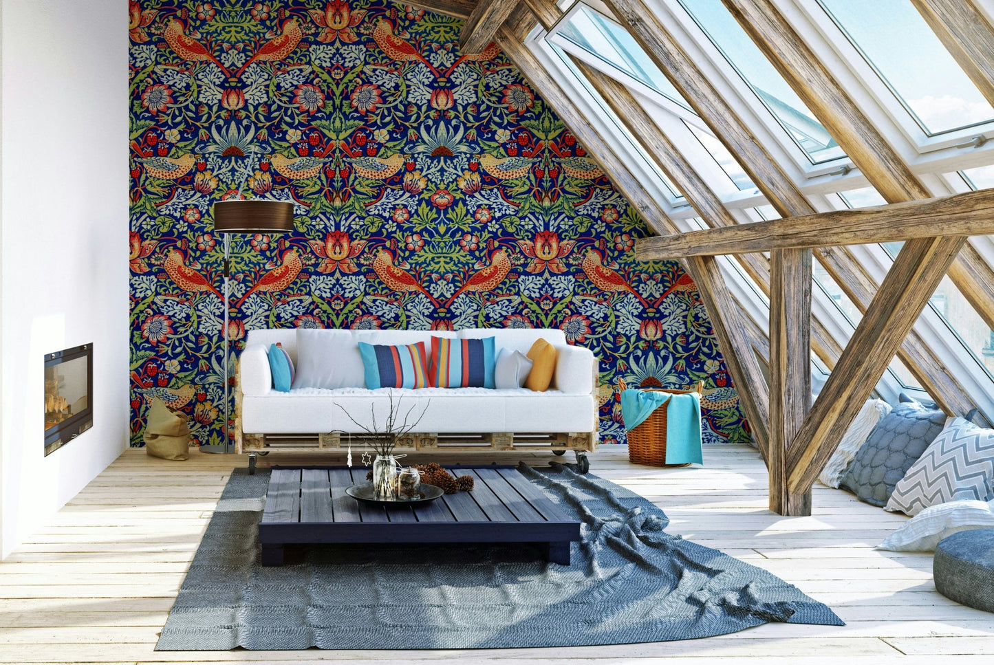 The mural extends across the entire wall, creating a clean backdrop.

