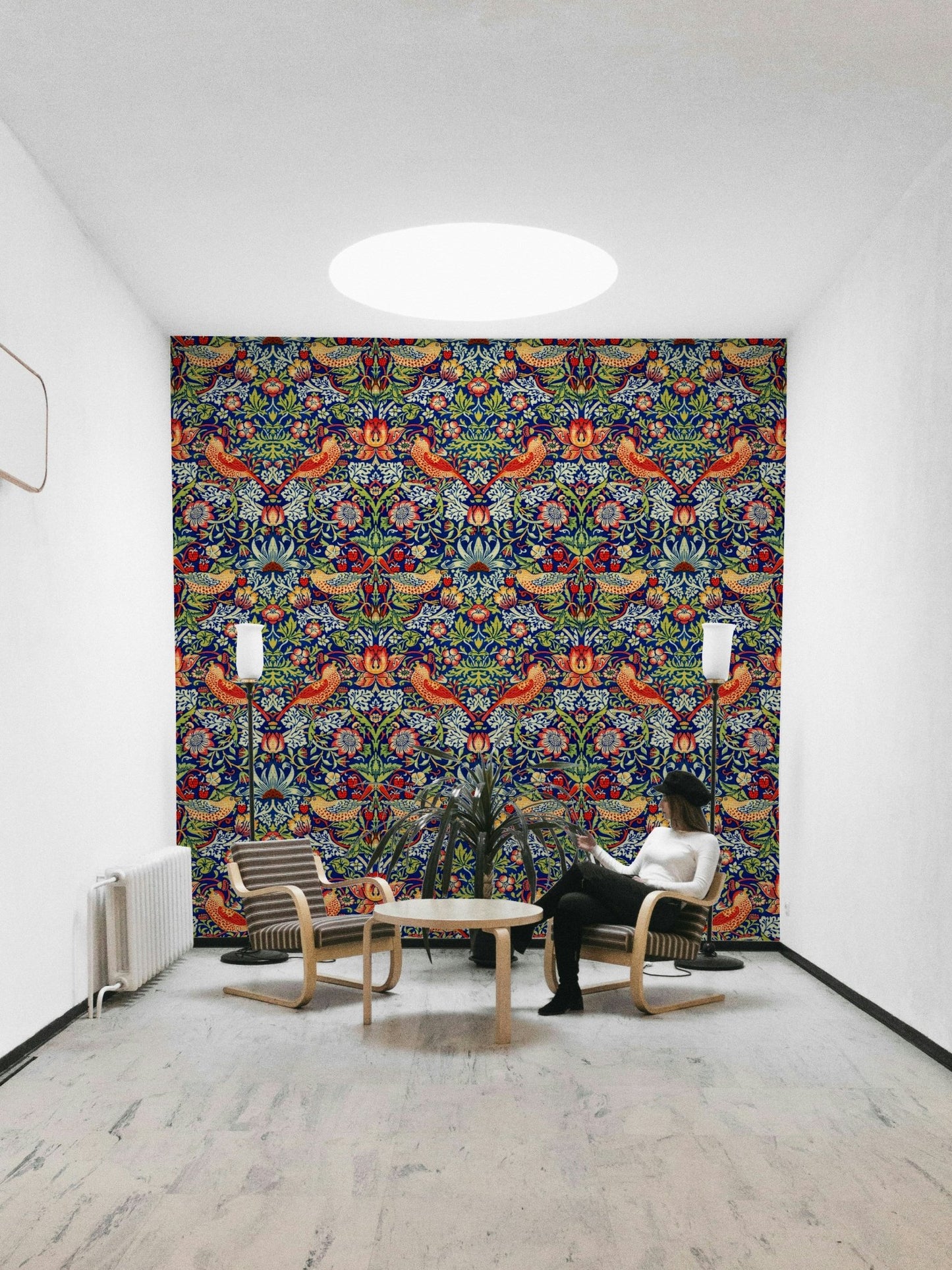 The wallpaper is installed in a formal, elegant living room.

