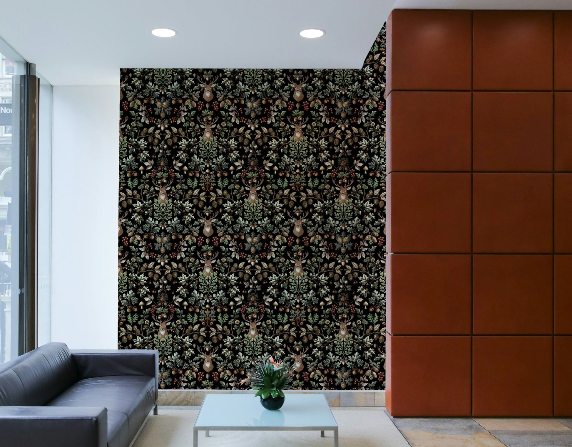 Close-up of a detailed woodland pattern on a dark background

