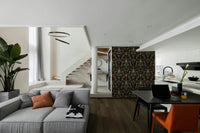 A sophisticated dining room decorated with a William Morris mural

