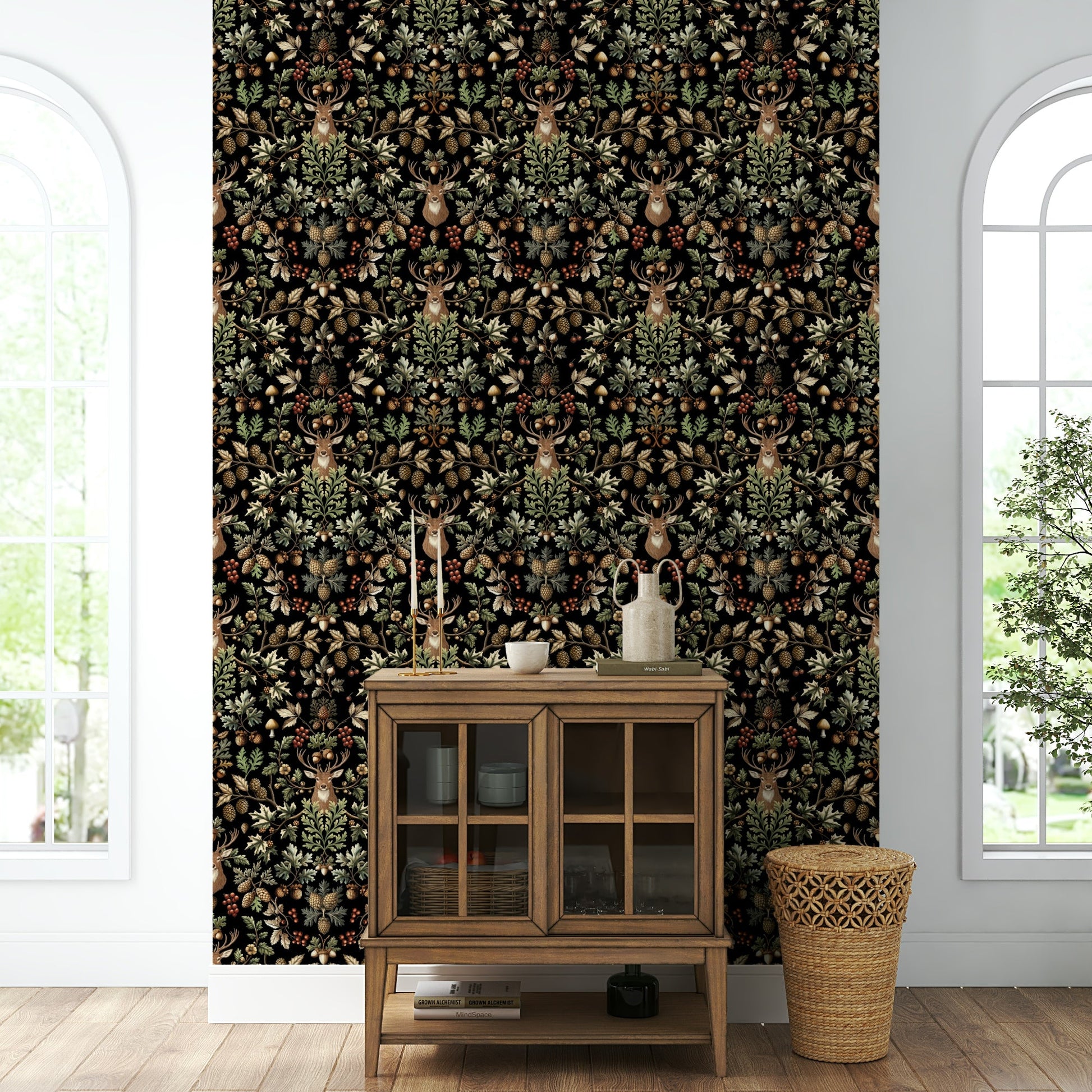 William Morris Vintage Woodland Black Wallpaper on a wall

