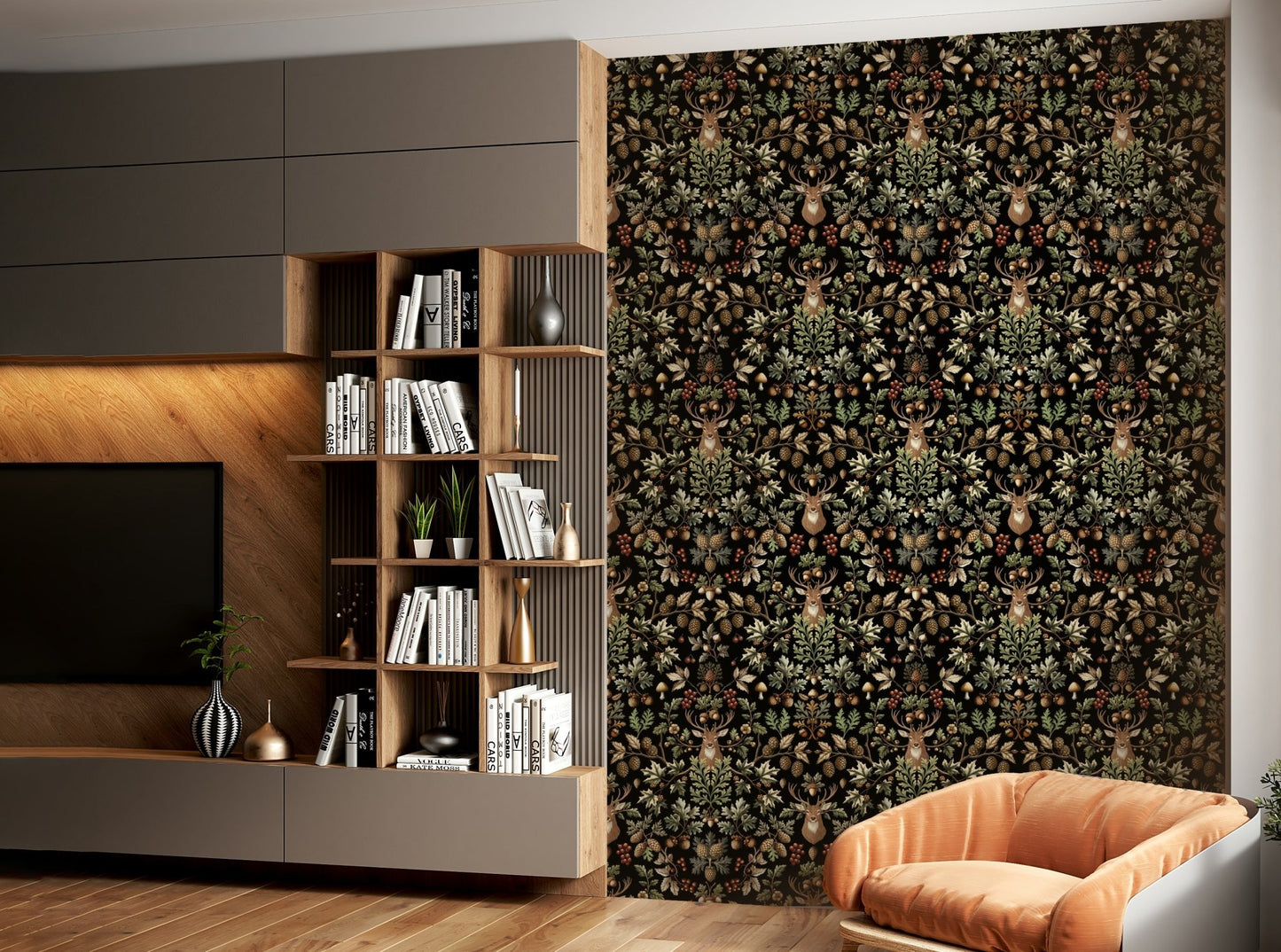 Wallpaper with a vintage Arts and Crafts style design

