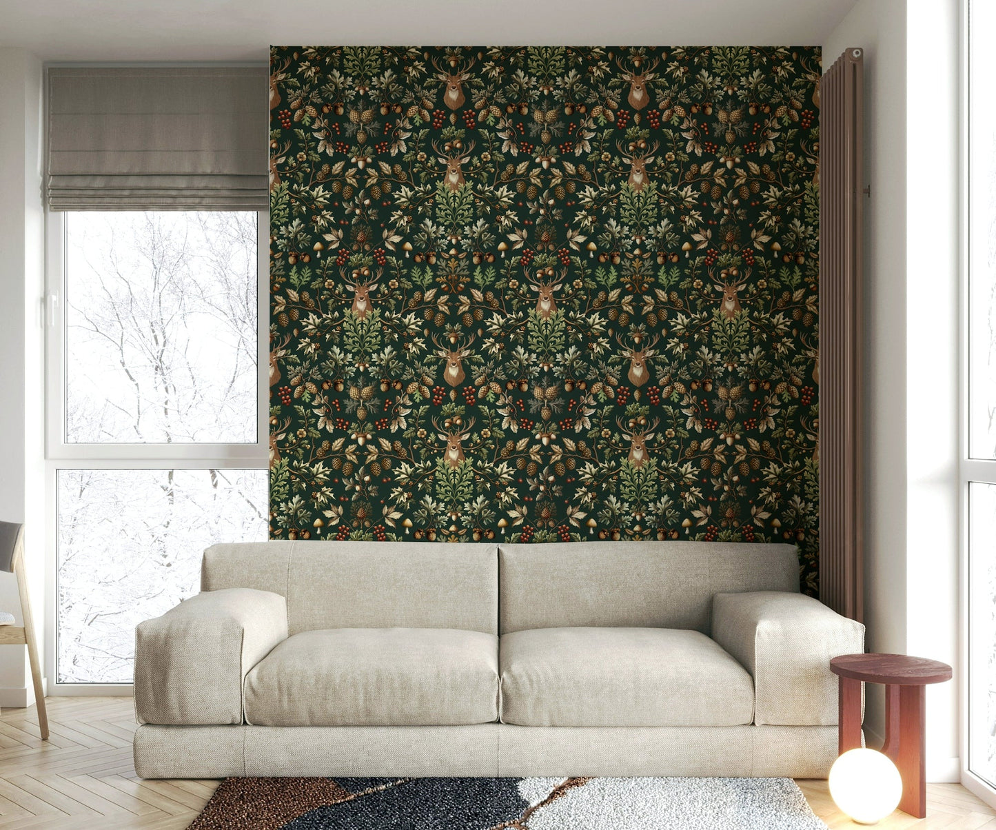 An angled shot of a wall with a green nature-themed wallpaper GD4014

