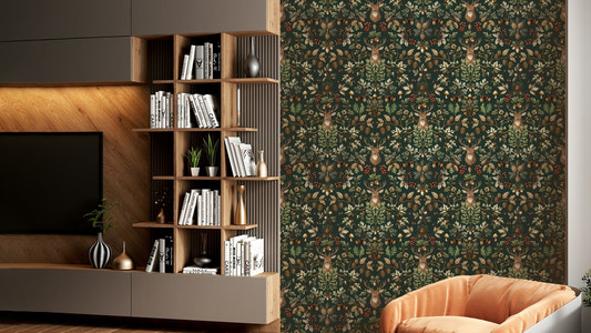 William Morris Vintage Woodland Emerald Green Wallpaper on a wall


