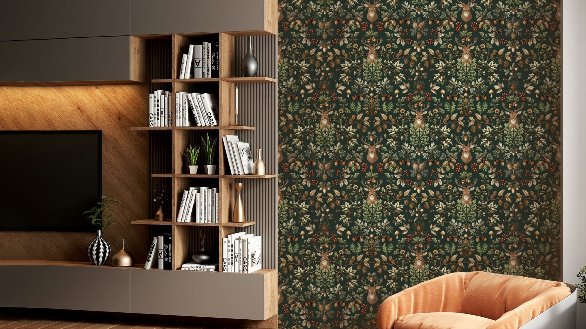 William Morris Vintage Woodland Emerald Green Wallpaper on a wall GD4014

