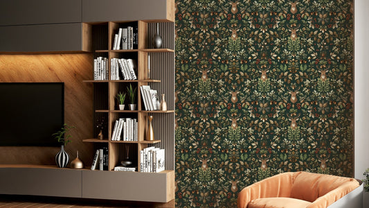 William Morris Vintage Woodland Emerald Green Wallpaper on a wall

